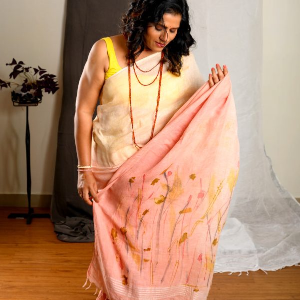 LeafAge.in | EcoPrints Linen Saree_Pink Elegance - 2024 | it's... nature made!